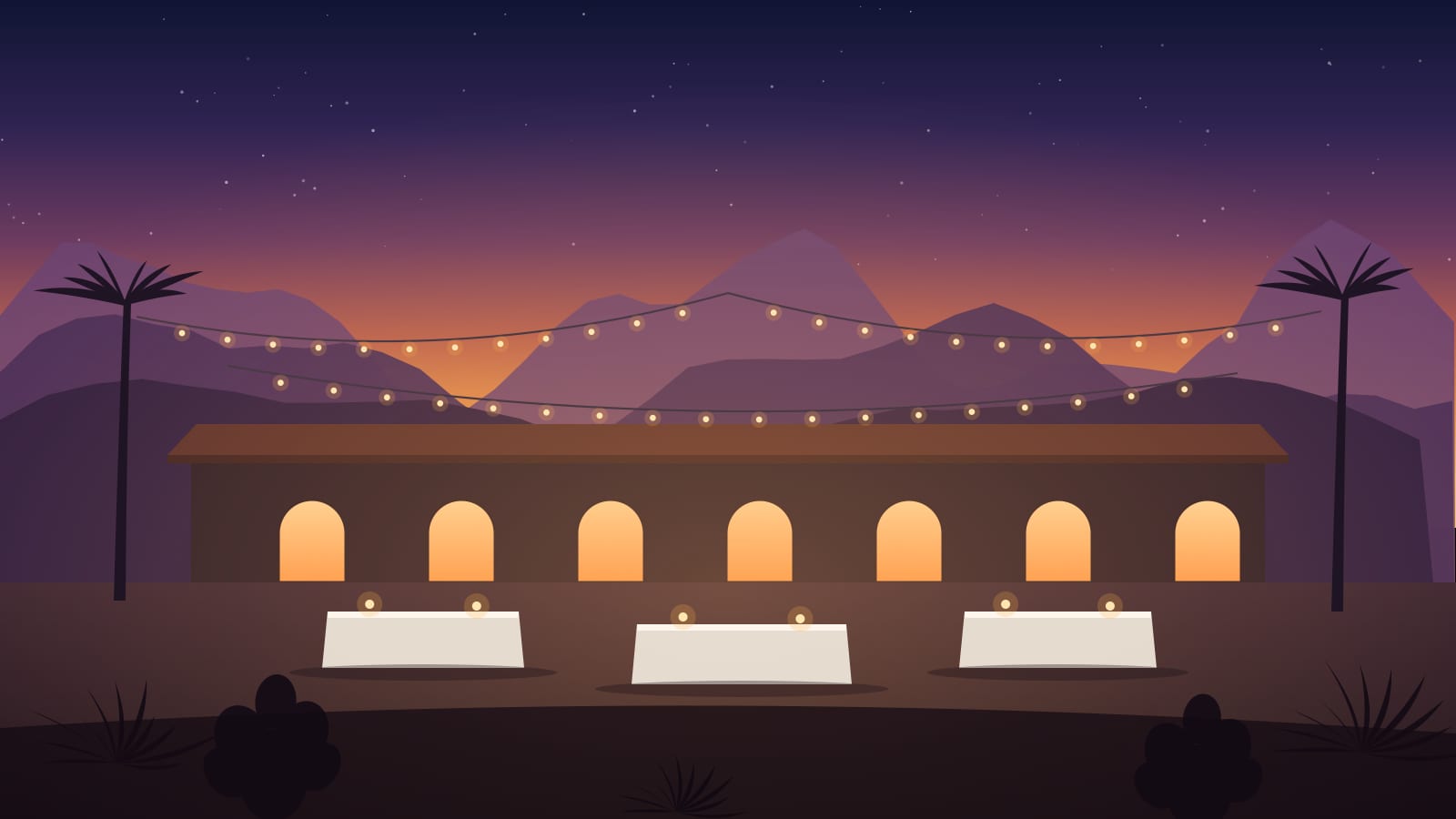 An illustrative dusk scene evoking a Sonoran resort courtyard during a food festival — warm string lights strung between tall palms above a row of white-draped tasting tables, glowing arched doorways along a low tile-roofed building, silhouetted agave and prickly pear in the foreground, and the layered purple ridgelines of the Santa Catalina Mountains against an amber-to-indigo evening sky.
