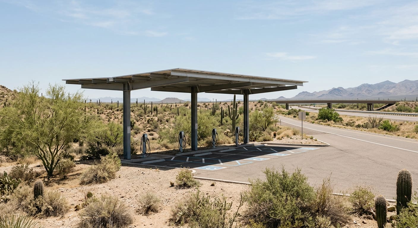 An illustrative roadside electric vehicle charging canopy topped with solar panels at a Sonoran Desert interstate exit, four unbranded charging posts beside empty parking bays, palo verde and saguaros around it, and a freeway overpass and mountains in the distance.