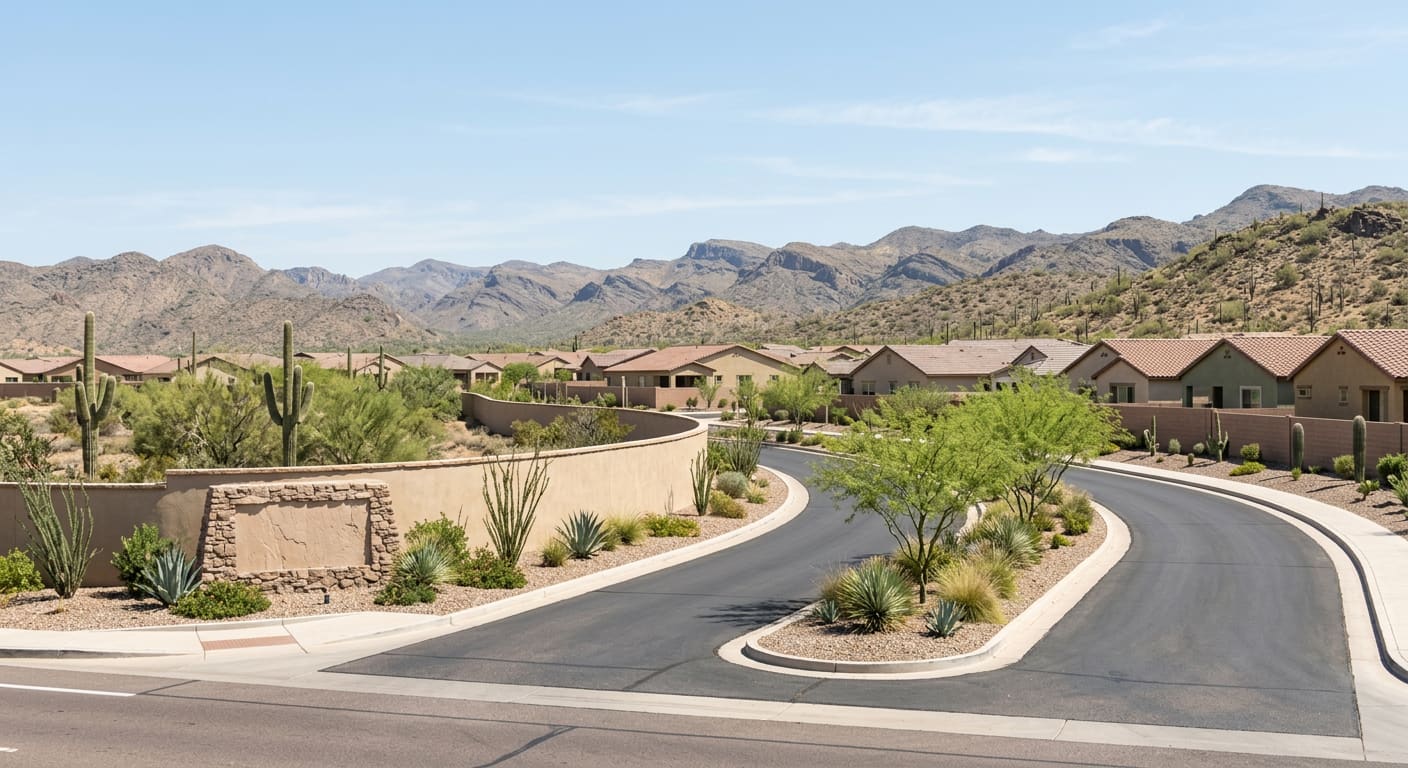 An illustrative wide daylight view of a generic Sonoran Desert master-planned subdivision entrance — a low curving tan stuccoed screen wall with a blank unlettered stone monument panel, a paved two-lane entry road split by a gravel median planted with desert spoon, ocotillo and young palo verde, rows of single-storey tile-roofed stucco houses set back behind the wall, and layered dry mountain ridges under a pale blue sky.
