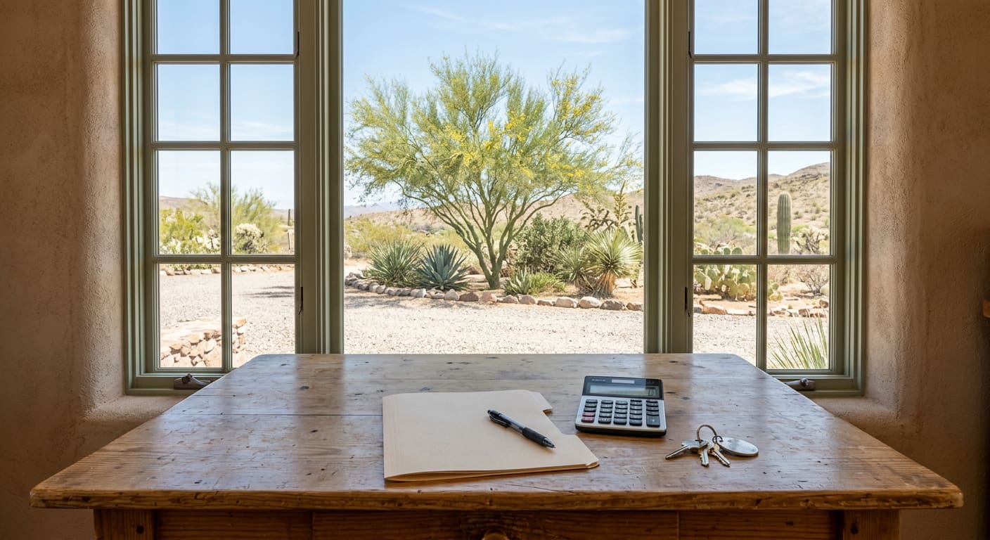 An illustrative worn wooden table at a tall window in a stucco-walled Southwest home — a plain manila folder, a pen, a calculator and a ring of house keys on the tabletop, and outside a gravel yard with a palo verde tree, agaves, prickly pear, a saguaro and dry desert hills under a clear blue sky.