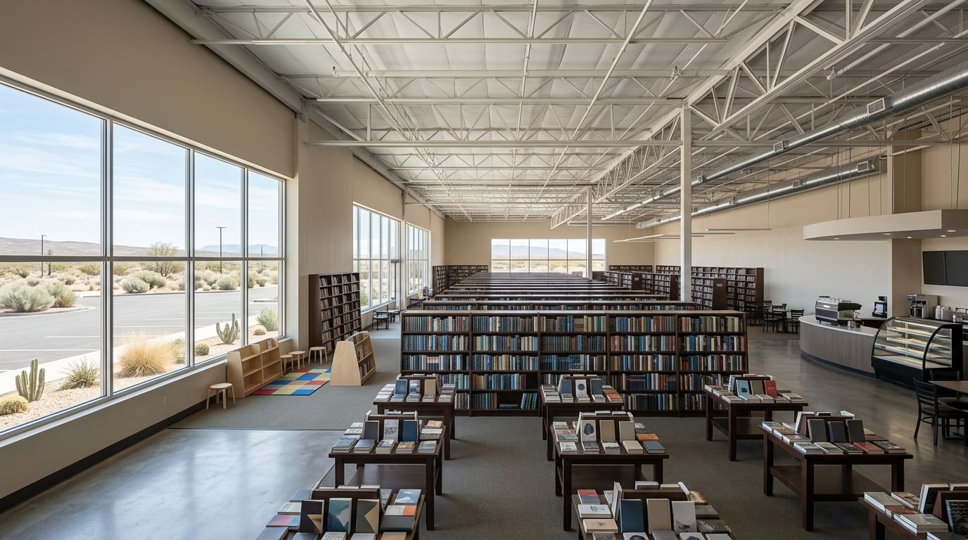 An illustrative wide interior view of a generic large bookstore built into a converted big-box retail space — rows of dark wood shelving and low display tables of face-out books under exposed white roof trusses and ductwork, a small reading corner with a colourful rug and stools by tall windows, and a cafe counter with an espresso machine and pastry case on the right, with an empty parking lot, desert landscaping and a pale blue sky beyond the glass.