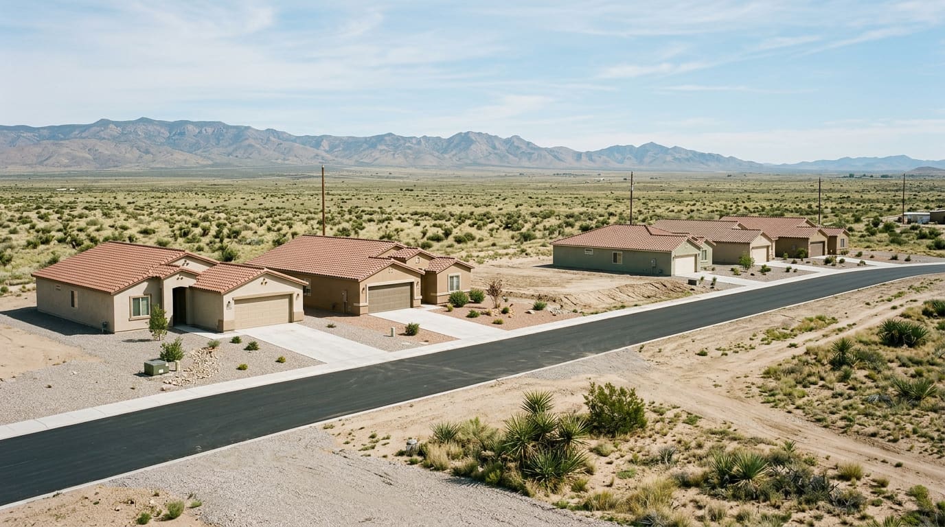 An illustrative elevated daytime view of a small high-desert town's newest residential street at the edge of open grassland — single-story stucco homes with low tile roofs and two-car garages on large gravel lots, a freshly paved road, vacant parcels between houses, and a long low mountain range on the horizon under a pale blue sky.