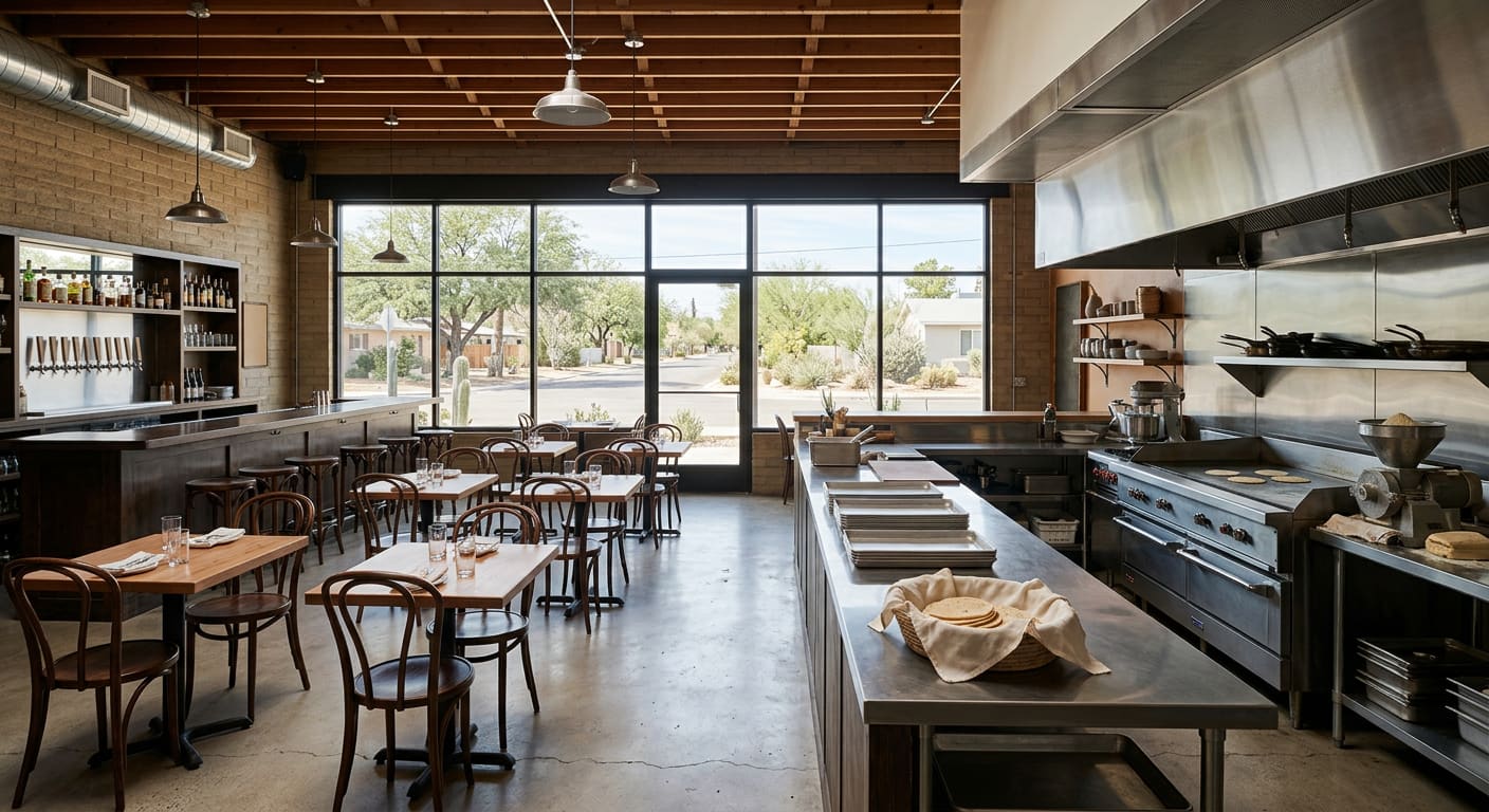 An illustrative wide interior view of a generic neighborhood brewpub dining room with an open kitchen along the back wall — a steel comal griddle and a small stone masa mill on the line, stacked shallow metal trays and a cloth-lined basket on a stainless pass, a row of unlabeled stainless draft taps behind a dark wood bar at left, bentwood chairs at small square tables across a polished concrete floor, exposed ceiling joists and pendant lights overhead, and tall front windows looking onto a tree-lined residential street.