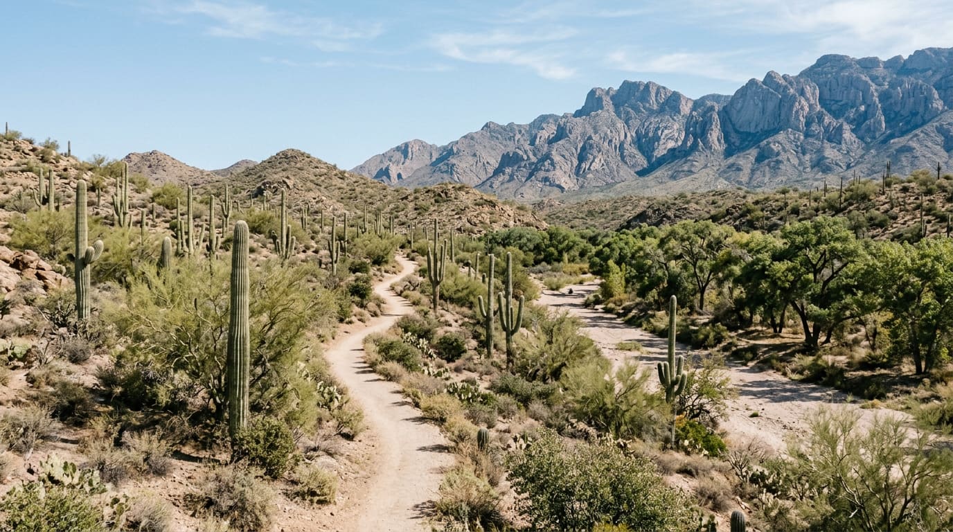 An illustrative wide view of a generic Sonoran Desert foothills trail: a packed-dirt path winding between tall saguaros, palo verde and mesquite beside a dry sandy wash lined with green trees, with rugged granite mountain ridges under a pale blue sky.