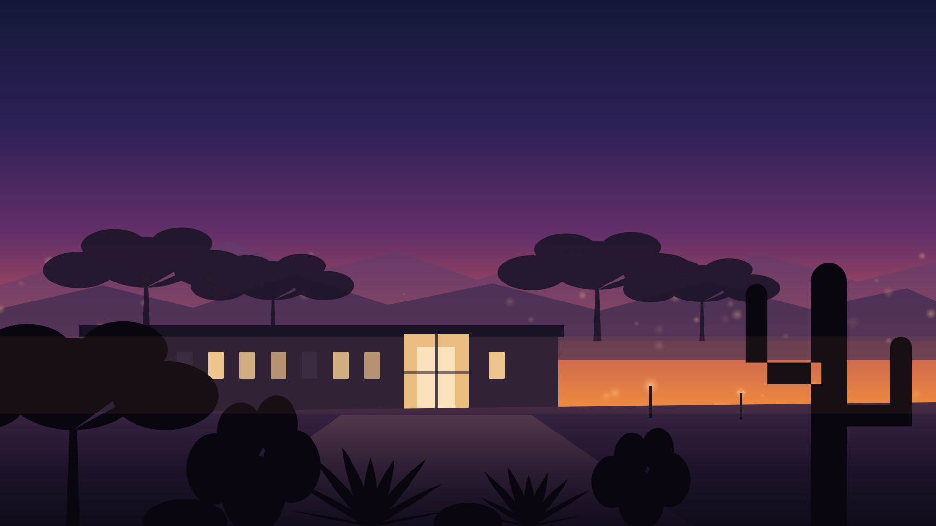 An illustrative dusk scene of a long, low, flat-roofed modern building under a deep indigo-to-amber Sonoran sunset — warm light spilling from a tall glass entrance at its center, a row of small lit windows along the facade, broad-canopy desert trees silhouetted behind the roofline, a paved walkway and two lit path lamps leading toward the door, a two-armed saguaro and clumps of agave and prickly pear silhouetted in the foreground, layered purple mountain ridgelines on the horizon, and scattered warm bokeh points across the sky.