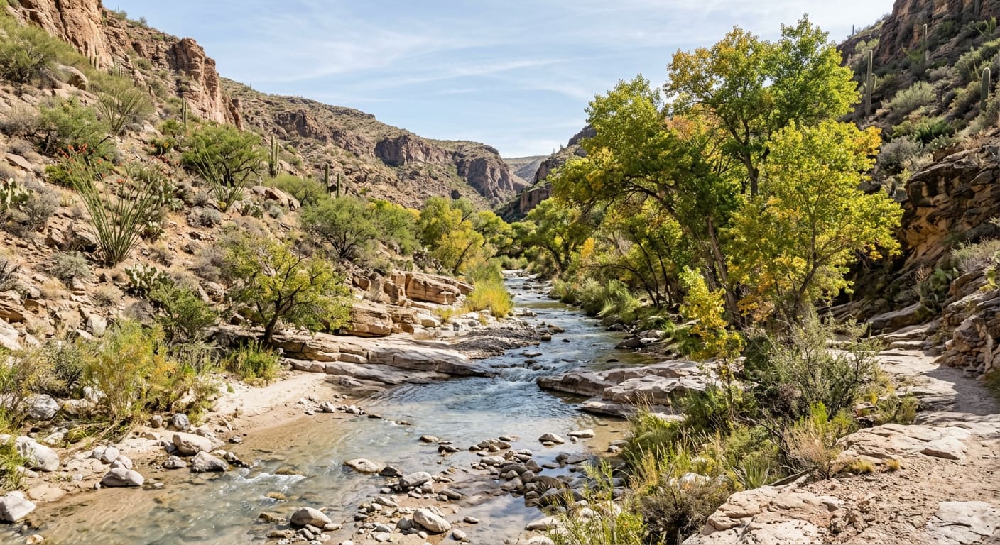 An illustrative Sonoran riparian scene of the kind found along creeks southeast of Tucson — shallow clear water running over pale sand and cobbles in a narrow canyon, tall Fremont cottonwoods and willows arching over both banks, mesquite and ocotillo on the dry slopes above, and dappled shade across the streambed.
