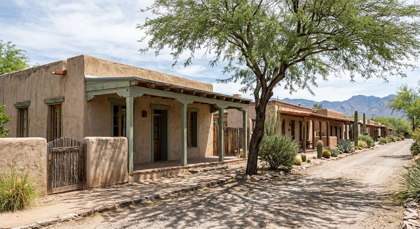 An illustrative daylight view along a Sonoran adobe streetscape — single-story flat-roofed adobe houses set close to a dirt lane, deep covered porches on painted square posts, a low adobe garden wall with a wooden gate, a mesquite throwing dappled shade, and mountain ridges in the distance under a partly clouded sky.