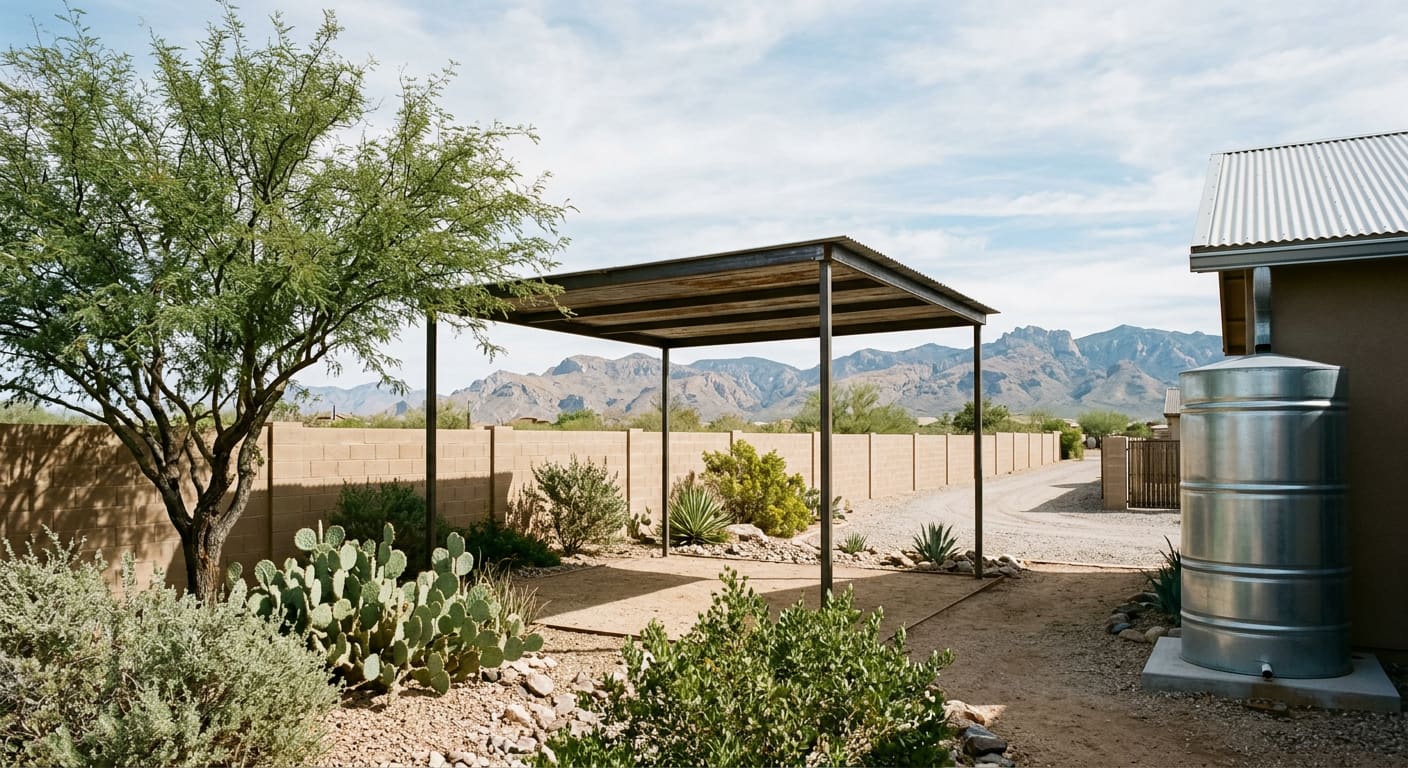 An illustrative wide daylight view of a Sonoran Desert residential back yard — a low painted concrete-block boundary wall along a gravel alley, a flat-roofed detached shade structure on slender steel posts over a decomposed-granite patio, a tall galvanized rainwater cistern beside a downspout, mesquite and prickly pear in the foreground, and layered rocky mountain ridges under a partly clouded sky.