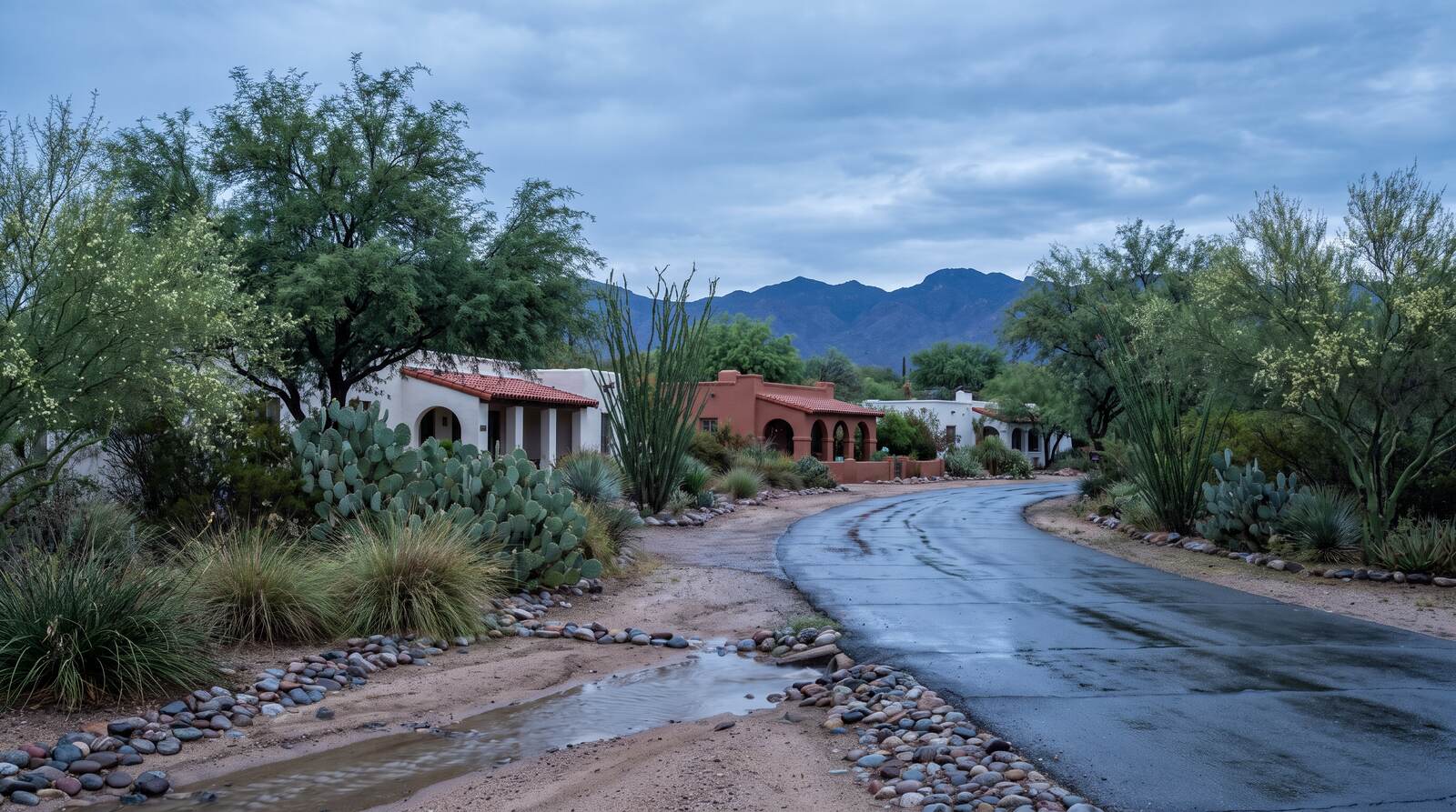 A curving residential lane in a mature Sonoran desert neighborhood at blue hour, mesquite and palo verde crowding a sandy wash beside the pavement below the Catalina foothills.