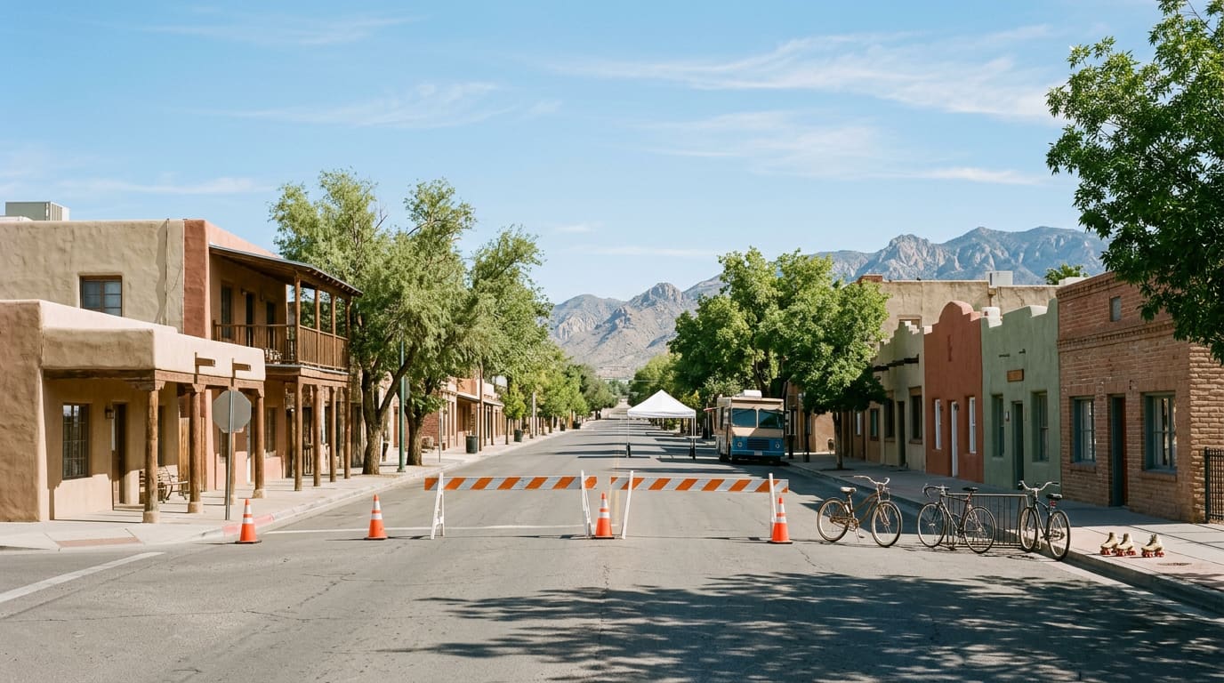 An illustrative daytime view down an empty older city street lined with low adobe and brick row houses and shade trees, orange cones and a striped barricade closing it to cars, bicycles and roller skates by the curb, a white canopy tent and a food truck in the distance and mountains on the horizon.
