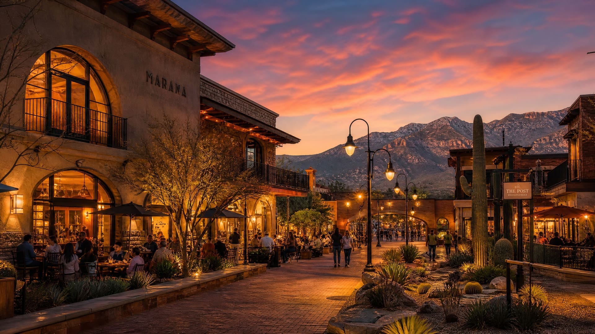 Illustrative evening view of a walkable main-street district — lit storefronts, sidewalk dining and Sonoran desert landscaping below the mountains — representing the 870,000-square-foot Downtown Marana entertainment and retail district planned east of Marana Main Street and north of Civic Center Drive