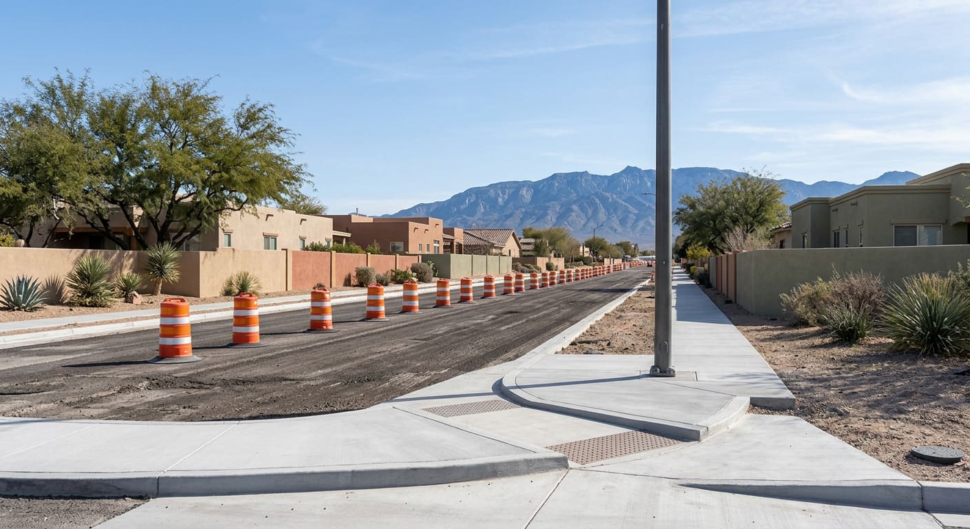 An illustrative daytime view of a residential street under reconstruction in a Southwestern city — a freshly poured concrete sidewalk and new curb ramp in the foreground, a bare new streetlight pole beside it, milled dark asphalt and orange traffic barrels in the roadway beyond, low stucco houses and mature mesquite trees set back behind, and a blue-grey mountain ridge on the horizon.