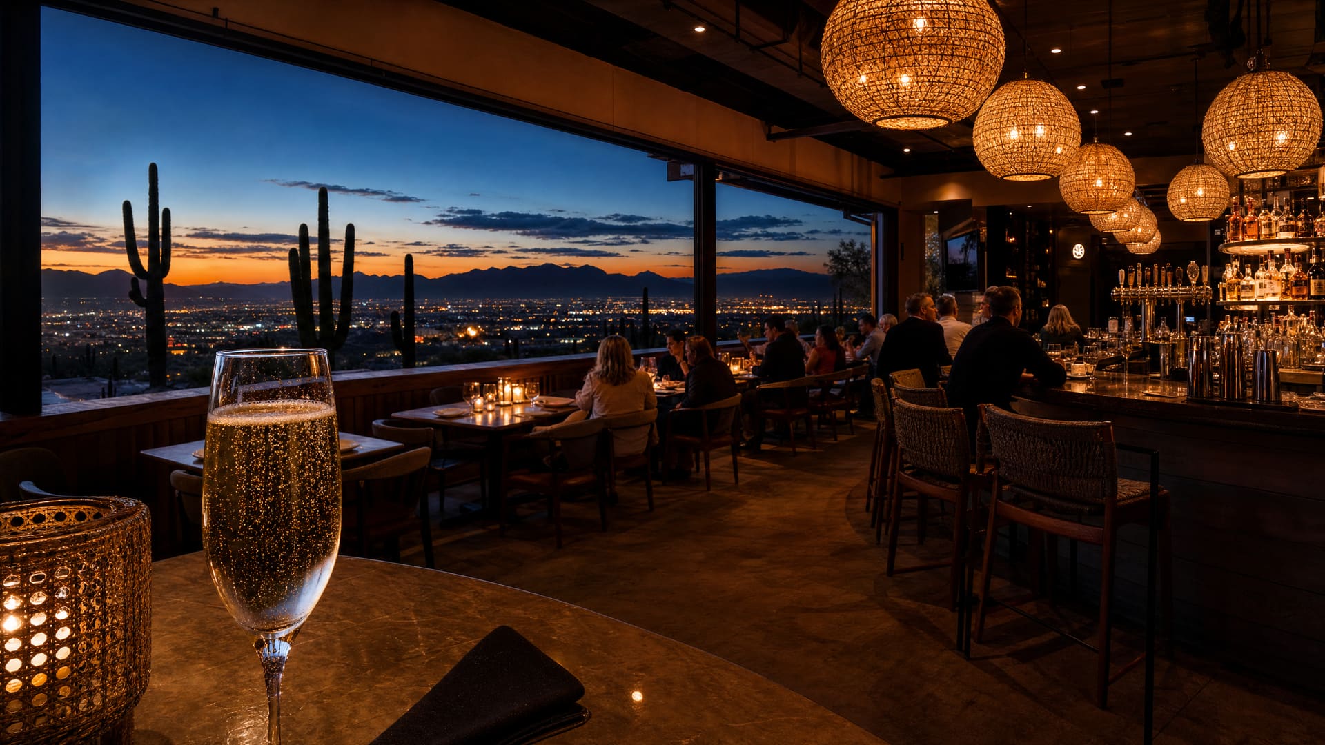 An illustrative evening view inside a southern Arizona restaurant — a warm-lit dining room with woven pendant lamps over a bar, a stemmed glass of sparkling wine in the foreground, guests seated along a row of tables, and a wide open wall looking out to saguaro silhouettes, city lights and a mountain ridgeline under a deep blue and amber dusk sky.