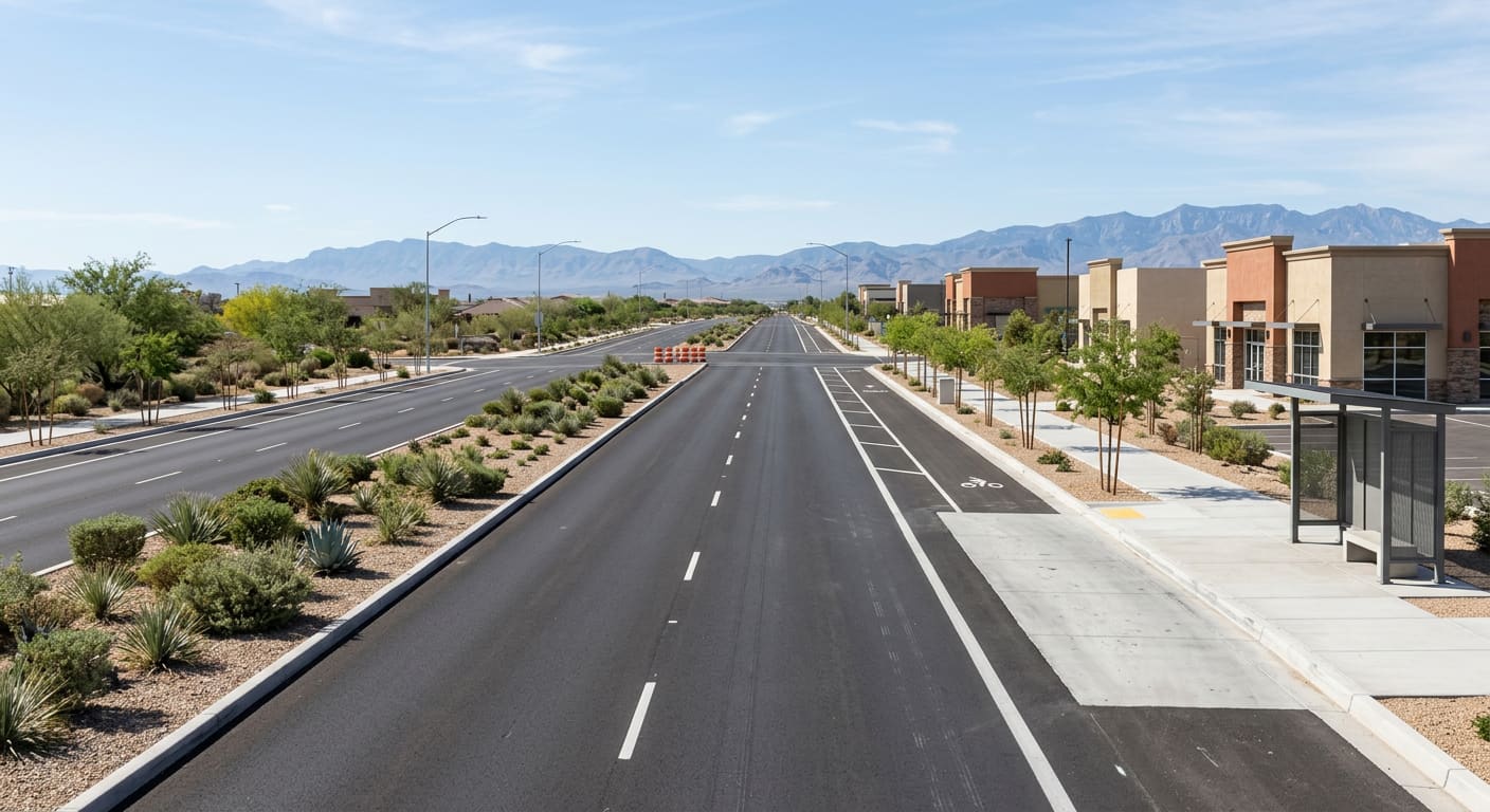 An illustrative wide daylight view down a newly completed six-lane urban arterial road in a desert city — fresh dark asphalt with bright white striping, a raised landscaped centre median planted with low desert shrubs and agave over gravel, a buffered bike lane at the outside edge, broad new concrete sidewalks with ADA ramps, a concrete bus pullout bay with an open steel shade canopy, young mesquite and palo verde in tree wells, low one-storey stucco commercial buildings set back behind the right-of-way, orange traffic barrels stacked where work has ended, and layered blue-grey mountain ridges beyond.