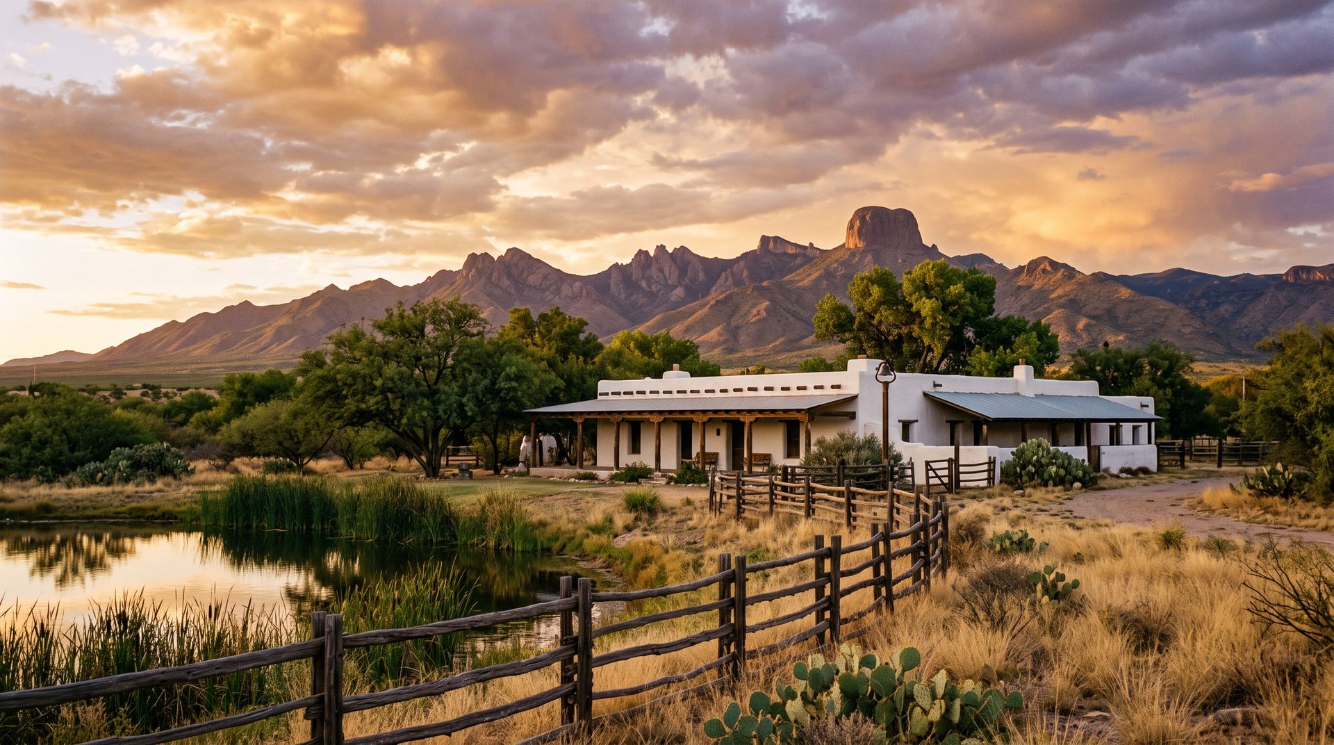 An illustrative golden-hour scene evoking Historic Canoa Ranch in the upper Santa Cruz Valley south of Tucson — a long, low white adobe ranch building with a deep shaded veranda, a weathered mesquite-rail corral in the foreground, mature mesquite and cottonwood trees, a still pond edged with cattails at the left, and the Santa Rita Mountains on the skyline under broken monsoon clouds.