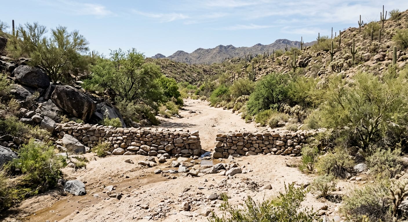 An illustrative daylight view up a generic broad sandy desert wash in the Sonoran Desert foothills, a low weathered dry-stacked fieldstone check dam crossing the wash with a narrow gap in its center, dark granite boulders on the left bank, mesquite and palo verde along both banks, saguaro and cholla on the rocky slopes above, and a rugged mountain range on the horizon under a pale blue sky.