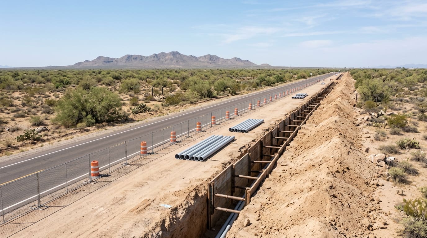An illustrative wide midday view of a long open utility trench cut alongside a two-lane asphalt frontage road in flat Sonoran Desert scrub — shored trench walls, stacked lengths of large-diameter gray pipe on the shoulder, mounded tan spoil, orange barrels and chain-link fence panels along the road edge, creosote and mesquite beyond, and a low bare mountain ridgeline on the horizon.