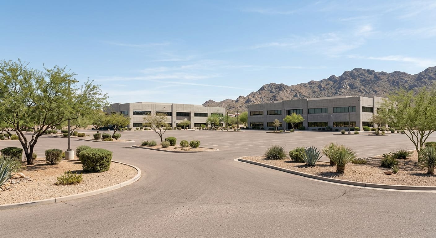 An illustrative wide daytime view of an empty low-rise suburban business park in the Sonoran Desert — two-story tilt-up office buildings with tinted ribbon windows set back behind a broad asphalt parking lot, mesquite and palo verde in landscaped islands, decomposed-granite ground cover, and a rocky mountain ridge on the horizon.