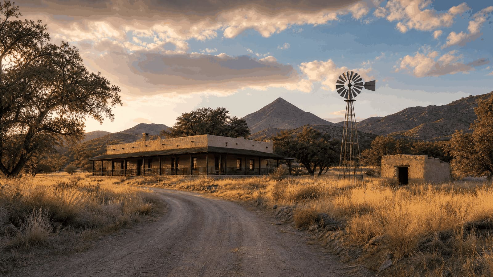 An illustrative golden-hour scene evoking Kentucky Camp in the Santa Rita foothills — a long low adobe building with a full-length covered porch standing in dry grassland, a small adobe outbuilding and a steel windmill tower off to the right, a broad oak in the left foreground, a graded dirt road curving in from the bottom of the frame, and a pyramid-shaped peak on the ridgeline under a cloud-streaked sky.