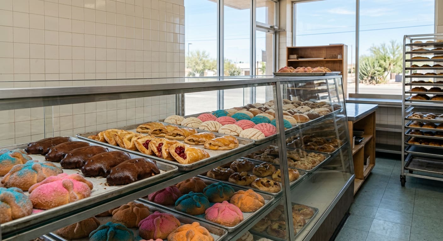 An illustrative close daylight view inside a generic neighborhood bakery: a glass display case and metal sheet trays filled with rows of shell-topped sweet breads, fruit-filled turnovers, pig-shaped cookies and round loaves dusted with pink, blue and orange sugar, with white tiled walls, a rack of cooling trays and tall windows onto a sunny desert street behind.