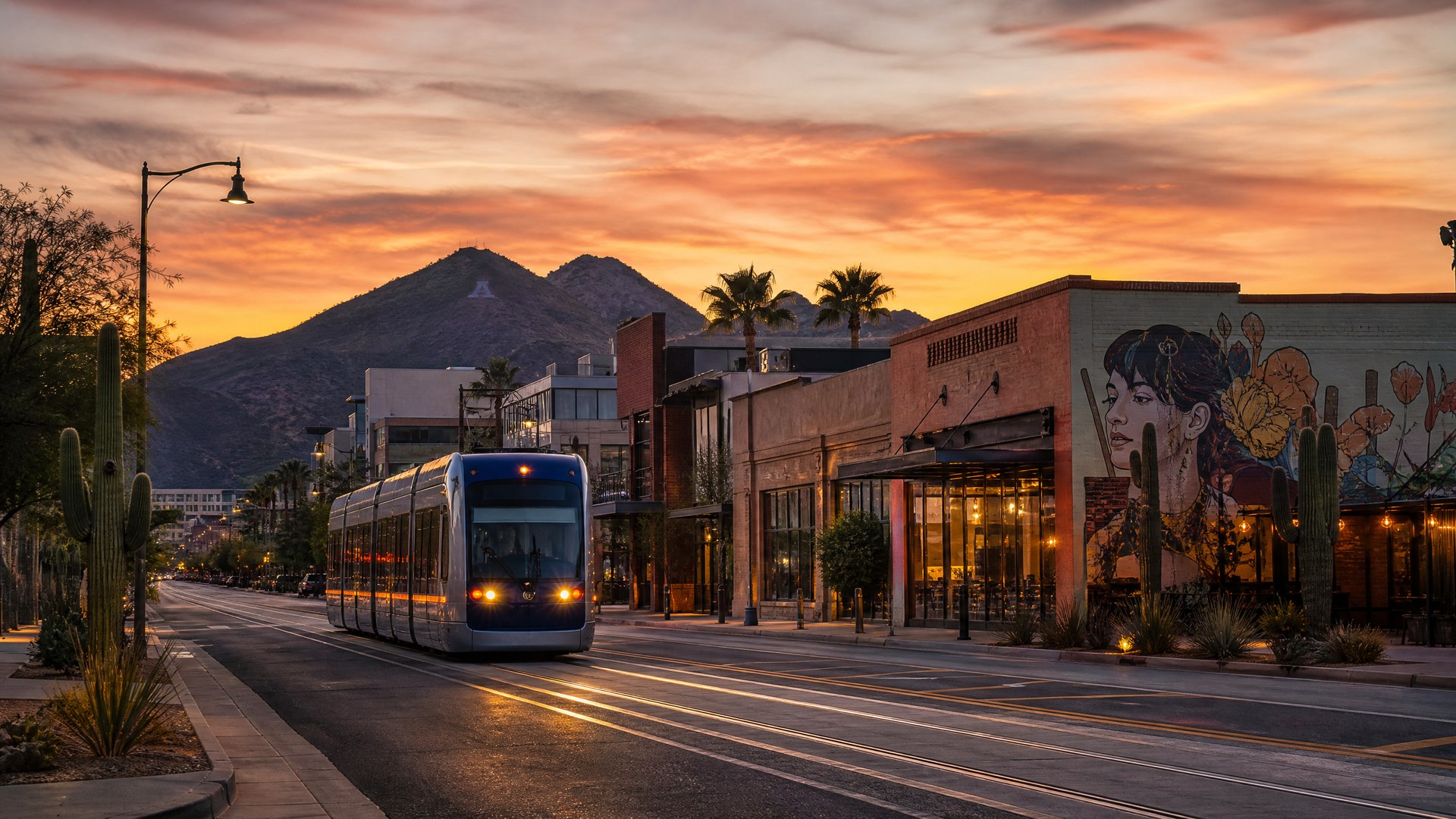 An illustrative sunset street scene evoking central Tucson — a modern streetcar running on rails down a wide street past brick and stucco storefronts, a large painted mural on a building at right, palms and saguaros along the sidewalks, and a broad low peak carrying a whitewashed letter A on the horizon.