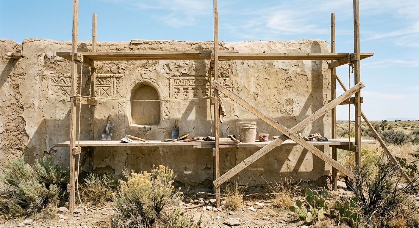 An illustrative close daytime view of wooden-plank scaffolding erected against a weathered lime-plastered adobe wall with worn carved ornament, hand tools and small buckets of plaster resting on the planks, dry brush at the base and a pale blue desert sky above.