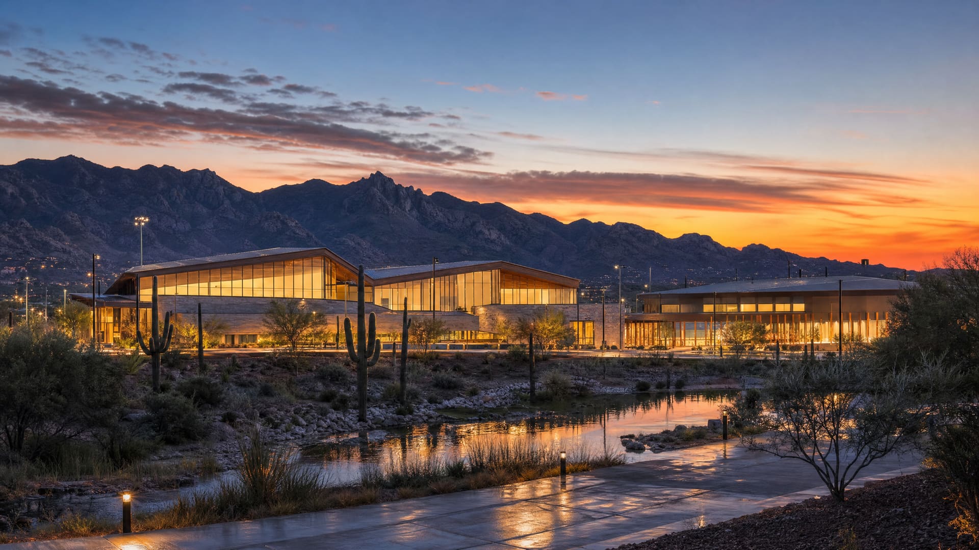 An illustrative dusk view of two low-slung buildings with long sloping rooflines and tall lit glass walls at the edge of the Sonoran Desert — saguaros and desert scrub in the foreground beside a shallow basin holding water that reflects the amber light, and a dark mountain ridgeline under an orange sunset sky.