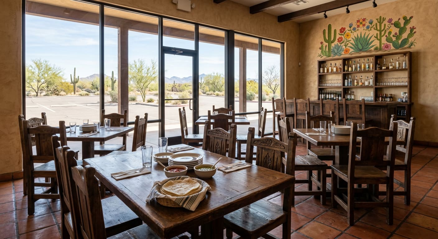 An illustrative daylight interior of a generic small Sonoran Mexican restaurant: carved wooden chairs and tables on a terracotta tile floor, a basket of flour tortillas and bowls of red and green salsa on the nearest table, a wooden back bar of bottles under a painted cactus-and-flower mural, and tall windows onto a sunny parking lot with desert trees and low mountains.