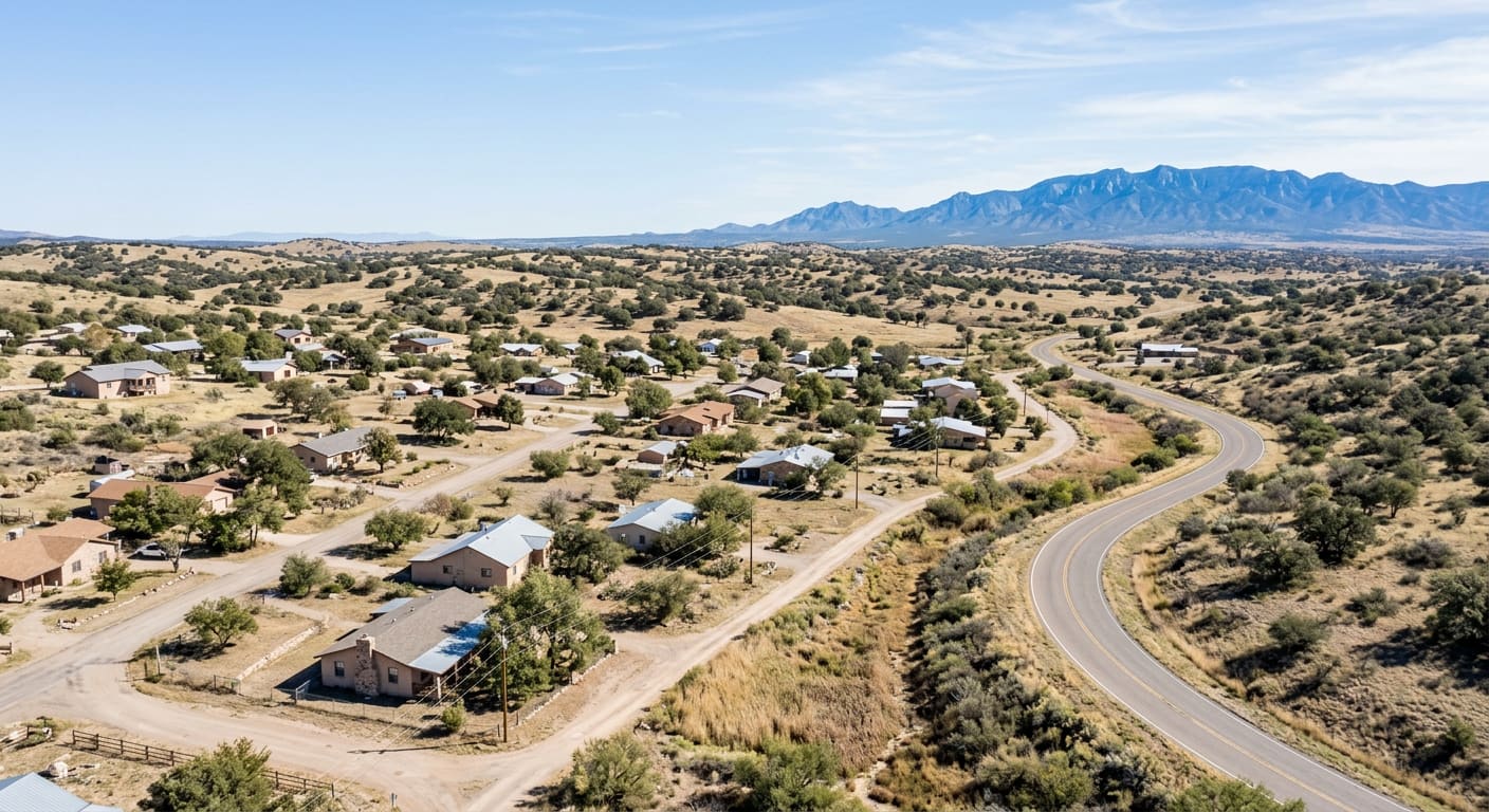 An illustrative elevated daytime view of a small high-desert foothill town — scattered single-story ranch and stucco houses on large lots among oaks, mesquite and tall grass, dirt side roads, a winding two-lane paved road with a cleared strip of brush beside it, rolling oak grassland hills and a blue mountain range on the horizon under a pale sky.
