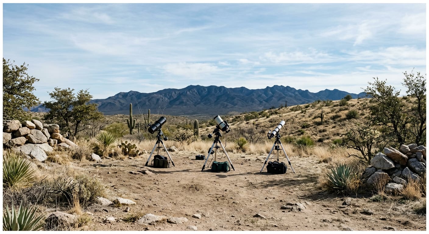 An illustrative wide daylight view of a generic high-desert clearing in southern Arizona — three amateur telescopes on tripods standing unattended on a bare dirt turnout with their cases on the ground beside them, granite boulder piles and scattered evergreen shrubs along the edges, dry grassland and saguaros sloping away toward a long dark mountain ridge on the horizon, under a pale blue sky with high thin clouds.