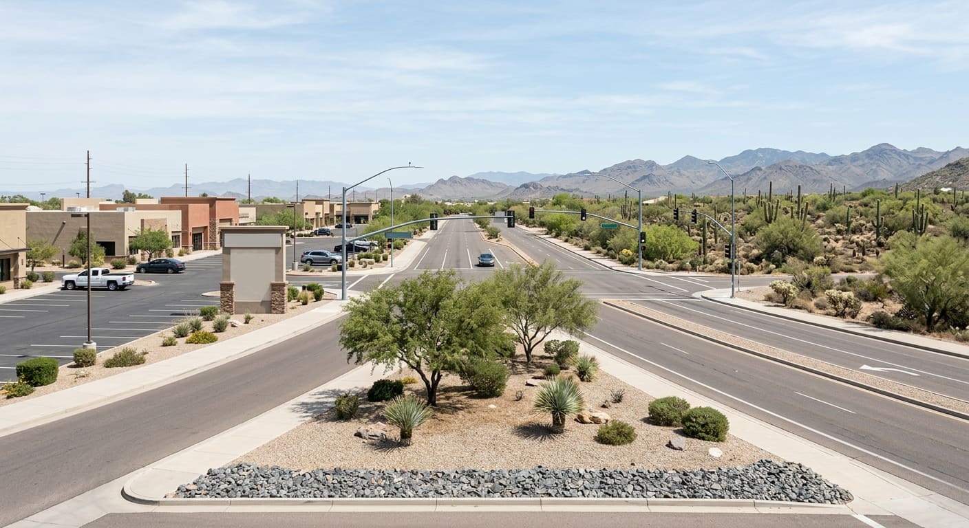 An illustrative wide daylight view of a generic Sonoran Desert suburban arterial intersection — a low single-storey stucco retail plaza in tan and terracotta behind a striped parking lot on one corner, a blank unlettered monument sign at its entrance, signal mast arms over the crossing, a gravel median planted with mesquite and desert spoon in the foreground, and an undeveloped parcel of saguaro and creosote on the far corner, with layered dry mountain ridges under a pale blue sky.