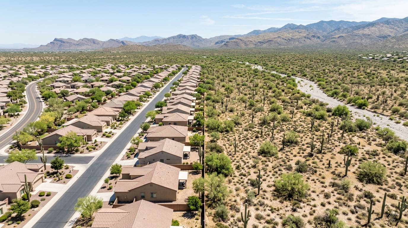 An illustrative wide elevated daylight view of the edge of a Sonoran Desert suburb — a grid of low tile-roofed stucco houses and a curving paved arterial road stopping at a straight line against open creosote flats studded with saguaro and palo verde, a pale gravel wash cutting diagonally across the undeveloped side, and layered dry mountain ridges under a pale blue sky with thin high clouds.