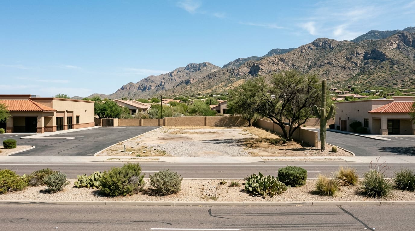 An illustrative wide midday view of a small vacant infill parcel in a generic desert foothills suburb — flat gravel and bare graded dirt bounded by a low tan masonry wall, a mature mesquite and a single saguaro along one edge, single-story stucco buildings with tile roofs and an empty paved parking area on either side, a two-lane road with a wide gravel-and-cactus median in the foreground, and a steep rocky mountain range rising behind under a clear pale sky.
