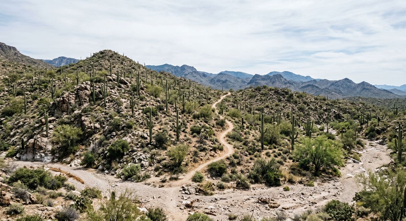 An illustrative wide daylight view of a generic Sonoran Desert hillside of the kind found in the Tucson Mountains — a narrow dirt singletrack trail curving up a rocky slope studded with tall saguaros, palo verde and creosote, a dry sand wash crossing the foreground, and layered blue-grey volcanic ridges behind under a pale overcast sky.