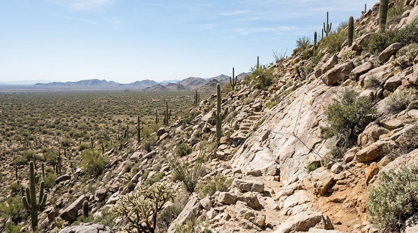 An illustrative wide daylight view of a generic Sonoran Desert state park trail — a steep rocky path climbing a boulder-strewn hillside with a steel cable handline bolted along a bare rock pitch, saguaro and cholla on the slope below, a broad creosote flat and low distant ranges on the horizon under a pale blue sky.