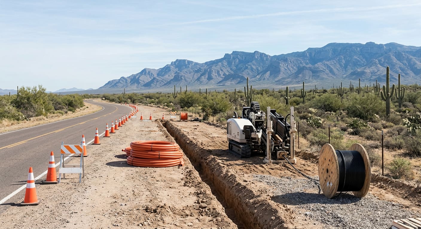 An illustrative wide daylight view of a rural two-lane desert road shoulder under construction — a narrow open utility trench running parallel to the pavement, coils of orange conduit duct stacked on the gravel, a large wooden reel wound with black fiber-optic cable, an unlettered directional-boring rig on the dirt shoulder, orange cones and barricades along the edge line, creosote and saguaro flats beyond the right-of-way, and layered blue-grey mountain ridges under a pale sky.