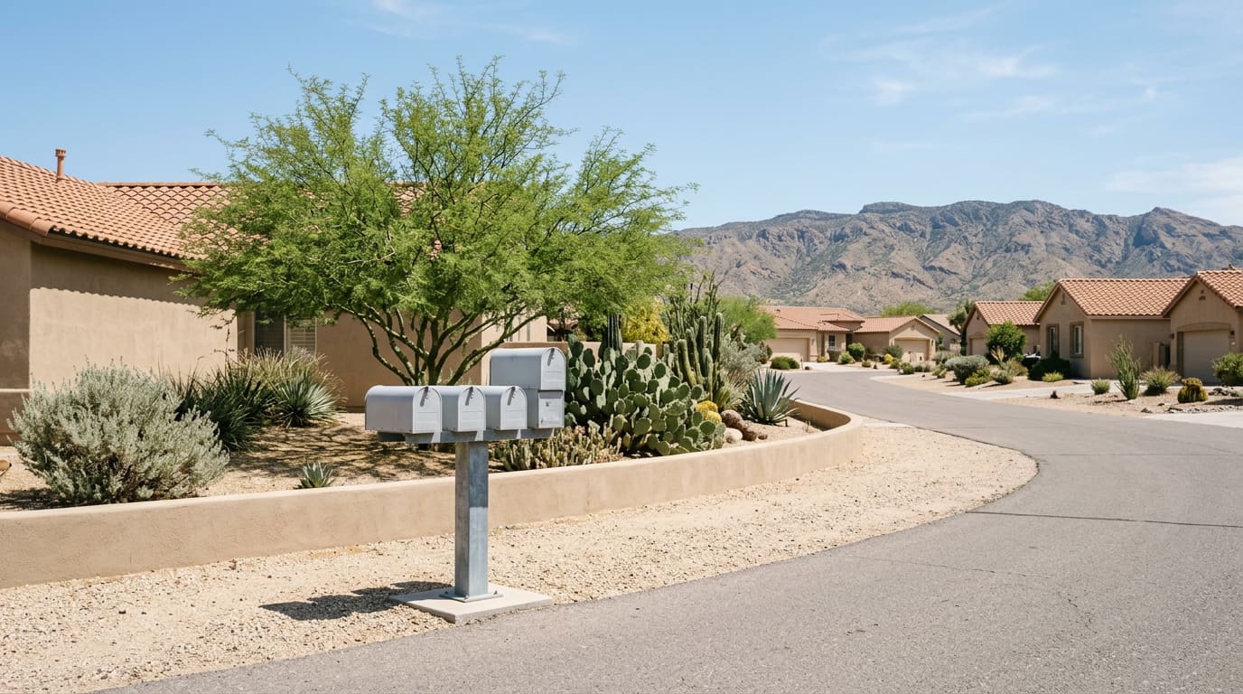 An illustrative daylight view of a generic suburban mailbox cluster on a desert residential street — a row of plain metal cluster boxes on a steel post beside a curb, decomposed granite yards with prickly pear and a palo verde behind them, low stucco walls, single-story rooflines, and dry mountains on the horizon under a pale blue sky.