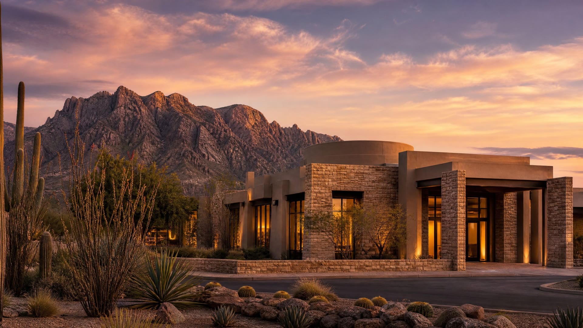 A low stone-and-stucco Southwestern building lit at dusk below the Santa Catalina foothills, saguaro and ocotillo in the desert landscaping out front.