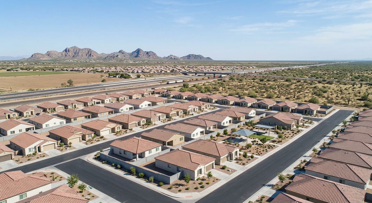 An illustrative wide aerial view of a generic new single-story stucco tract-home neighborhood with tile roofs and young desert landscaping beside an interstate, a freight rail line and fallow farmland, with flat creosote desert and low rugged mountains on the horizon under a clear pale blue sky.