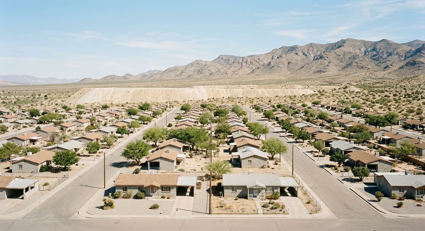 An illustrative elevated daytime view of a small 1950s high-desert company town — straight streets lined with modest single-story block houses with low-pitched roofs, carports and gravel yards, mesquite and palo verde trees, a long flat pale terrace of old mine tailings beyond the last houses, and a rugged mountain range on the horizon under a pale blue sky.
