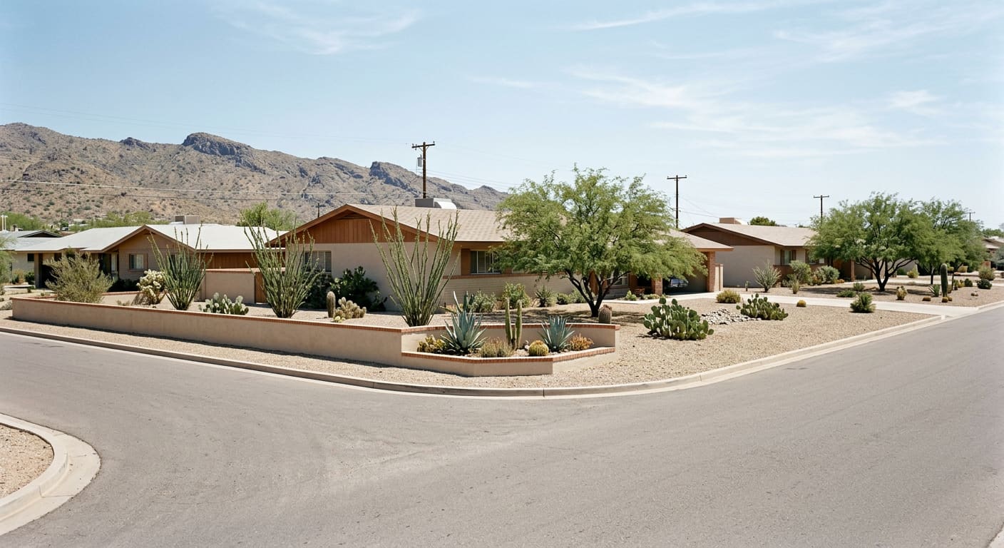 An illustrative wide daylight view of a generic 1950s single-story Ranch subdivision in the Sonoran Desert — a curving asphalt street with no sidewalk running past a low stuccoed perimeter wall with burnt adobe trim and a raised planter, tan brick and wood-clad houses with low-pitched gable roofs and wide fascia boards set well back on wide lots, gravel front yards with ocotillo, prickly pear, agave and mature mesquite, and a dry mountain ridge under a pale blue sky.