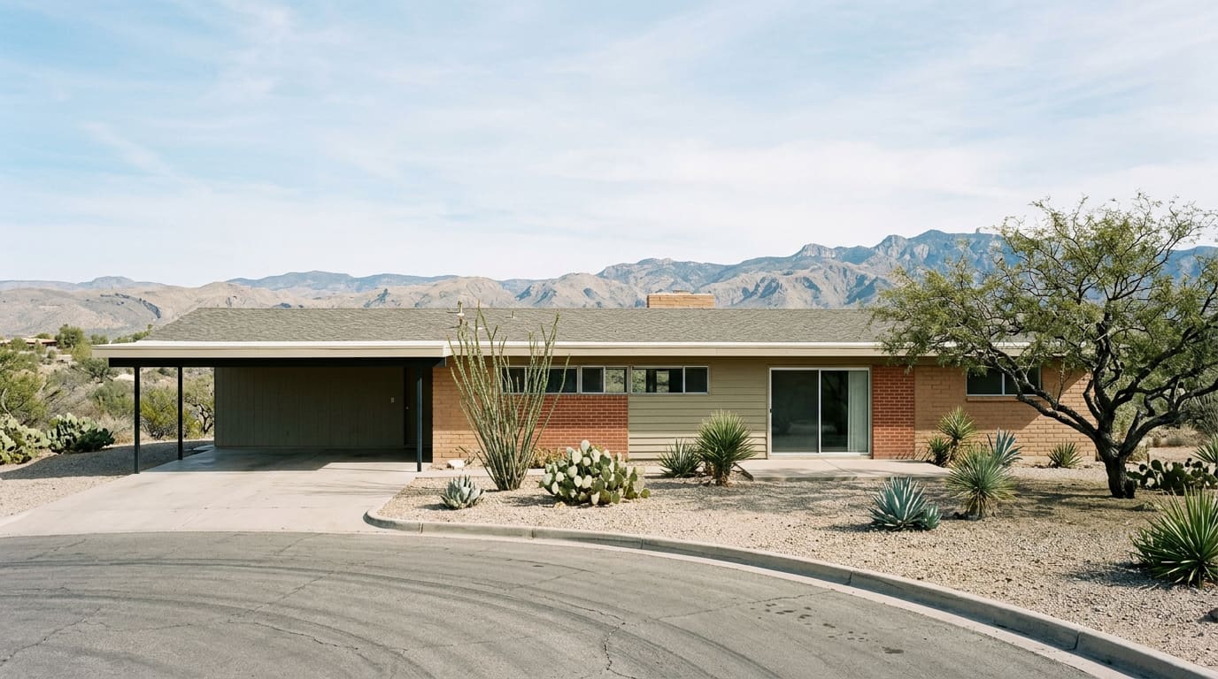 An illustrative wide daylight view of a generic 1950s single-story desert Ranch house — a low horizontal roofline with a wide fascia board, burnt adobe and red brick walls, a deep open carport on slender steel posts over an empty concrete slab, a ribbon of steel-framed windows, a gravel front yard with ocotillo and a mature mesquite, and a curving asphalt street with rolled curbs and no sidewalk, with dry mountain ridges under a pale blue sky.