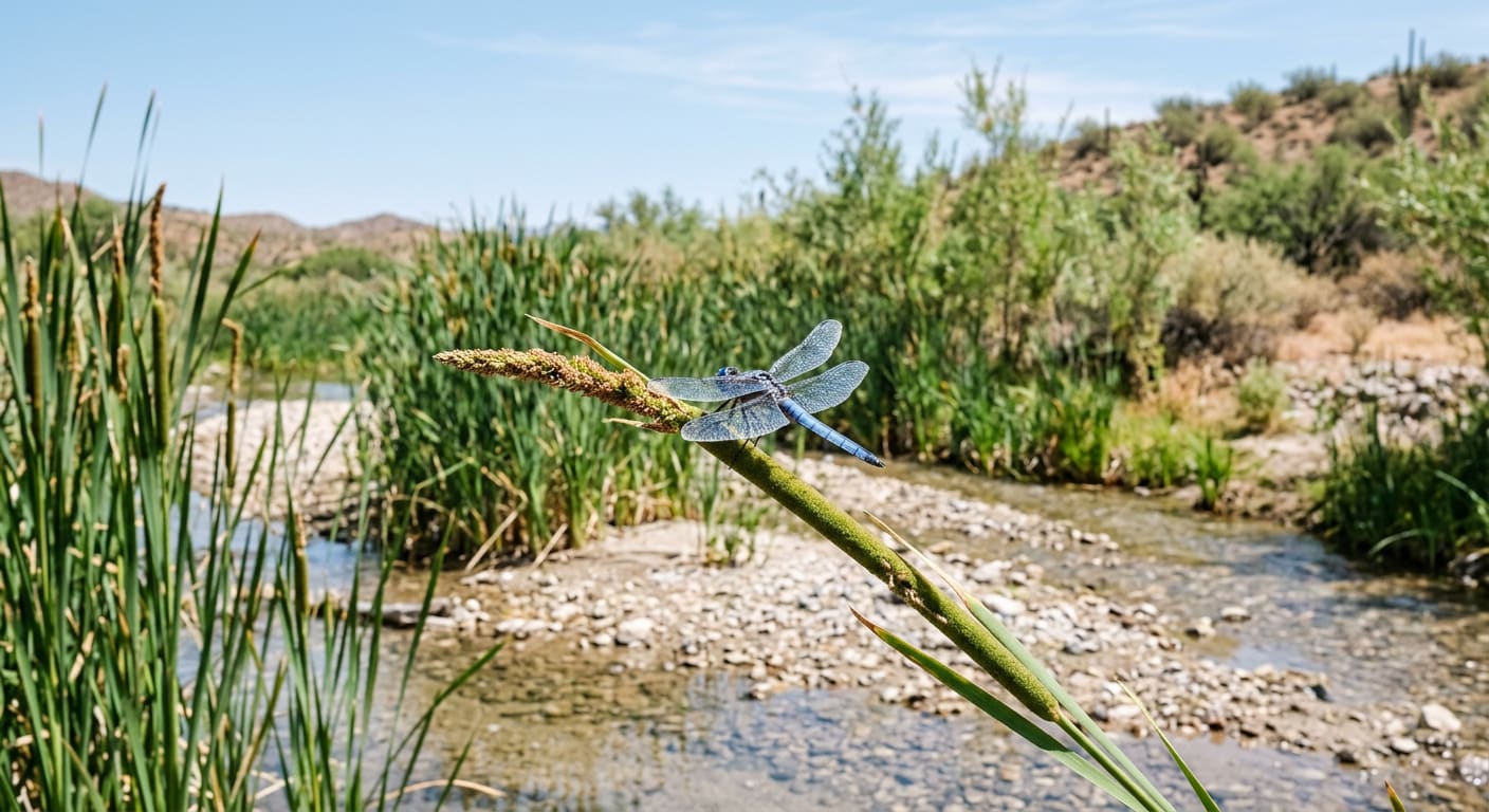 An illustrative close daylight view of a single blue dragonfly perched on a green cattail stem beside a shallow desert stream — clear water braiding over pale gravel behind it, dense cattails and bulrush filling the middle distance, young willows behind those, and a low brushy desert slope under a pale blue sky.