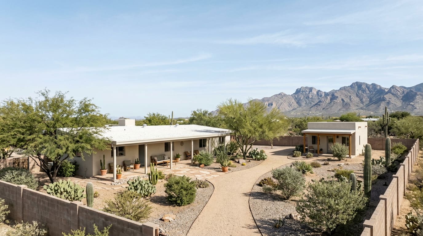 An illustrative daylight view of a generic Sonoran Desert residential lot: a low single-story ranch house with a flat white roof and long covered porch, a small detached stucco casita at the back of the lot, a gravel path between them, mesquite, palo verde, saguaro and prickly pear inside a block wall, and rugged granite mountains under a pale blue sky.
