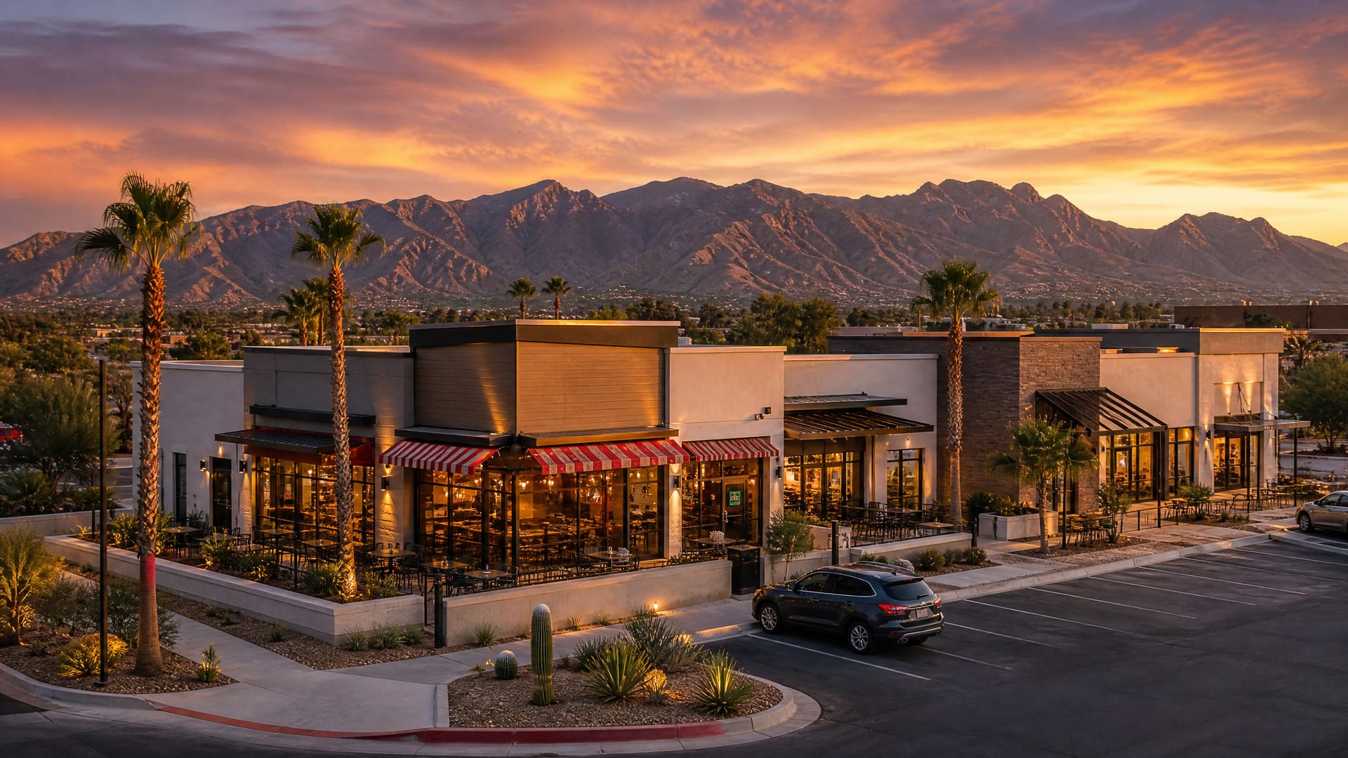 An illustrative sunset view of a newly built midtown retail pad — a lit restaurant with red-and-white striped awnings and a glass dining room on the corner, two more storefronts running east under metal awnings, tall palms and desert plantings along a low wall, a striped parking lot in front, and a long mountain ridgeline under an orange and violet sky.