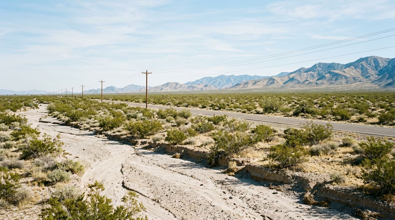 An illustrative wide daylight view of a generic stretch of undeveloped Sonoran Desert flatland inside a Southwestern metropolitan area — creosote and mesquite scrub running to the horizon, a broad shallow braided wash crossing the foreground with pale sand and low banks, a two-lane asphalt road with no curb or sidewalk cutting across the middle distance, a single line of power poles, and dry mountain ranges under a pale blue sky.