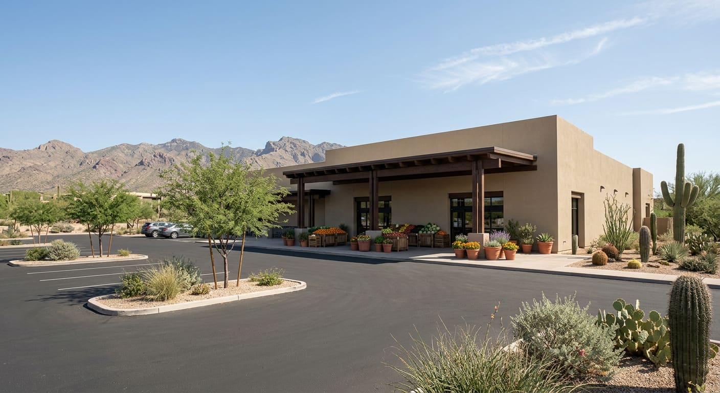 An illustrative daytime view of a generic newly built neighborhood grocery store in the Sonoran Desert — a single-story tan stucco building with a deep shaded entry canopy, wooden crates of fresh produce and potted flowers along the front walk, a nearly empty new parking lot with young mesquite trees and gravel islands, saguaros and prickly pear in the landscaping, and a rugged mountain range under a clear pale blue sky.
