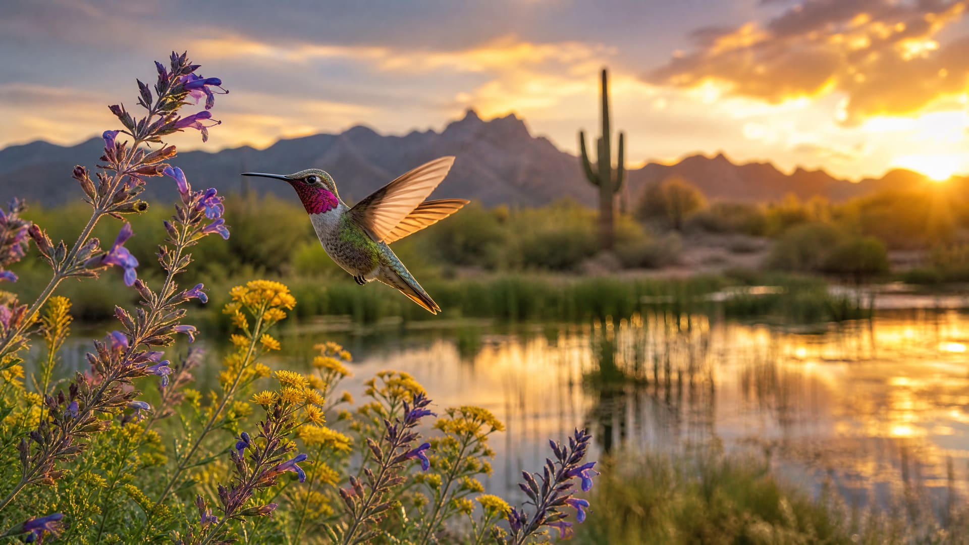 An illustrative Sonoran Desert birding scene — a hummingbird with a magenta throat hovering with wings spread beside a branch of purple sage blossoms, yellow desert wildflowers below, and a saguaro and mountain ridgeline blurred in warm early-morning light behind it.