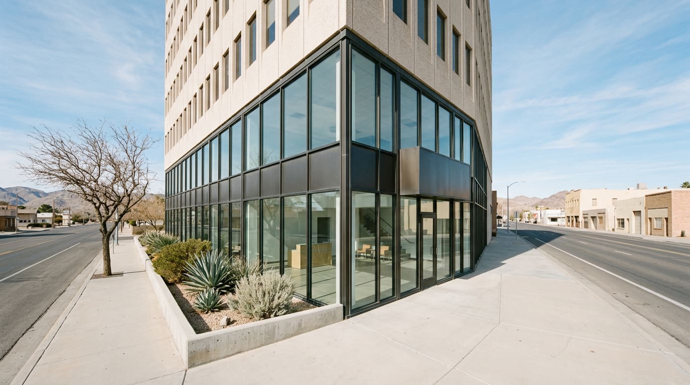 An illustrative wide street-level daylight view of a generic mid-century office tower's ground-floor corner suite in a small desert downtown — a two-storey glazed corner in dark metal frames wrapping both street faces, a blank dark panel above the recessed entry, the tower's pale precast upper floors rising out of frame behind it, a low concrete planter of agave and brittlebush along an empty concrete sidewalk, empty two-lane streets on both faces, low pale single-storey buildings opposite and dry ridges on the horizon under a pale blue sky.