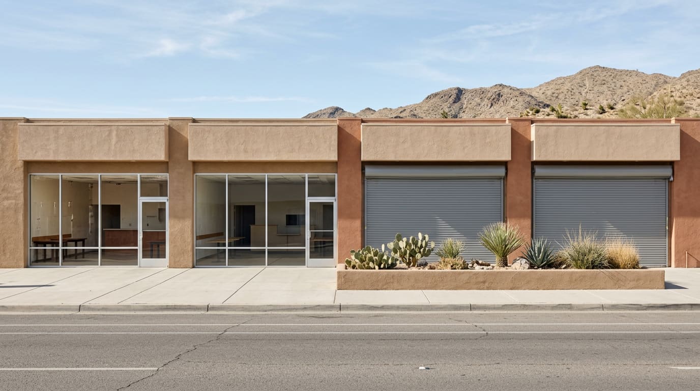 An illustrative wide street-level daylight view of a generic low block of four adjoining ground-floor storefronts in a small desert downtown — a single-storey stuccoed building in tan and terracotta, full-height plate glass on the two left units showing empty tables and bare counters inside, grey roller shutters pulled down over the two on the right, blank unlettered panels above every door, a planter of prickly pear, yucca and bunch grass along the sidewalk, an empty street across the foreground and a dry rocky ridge behind under a pale blue sky.